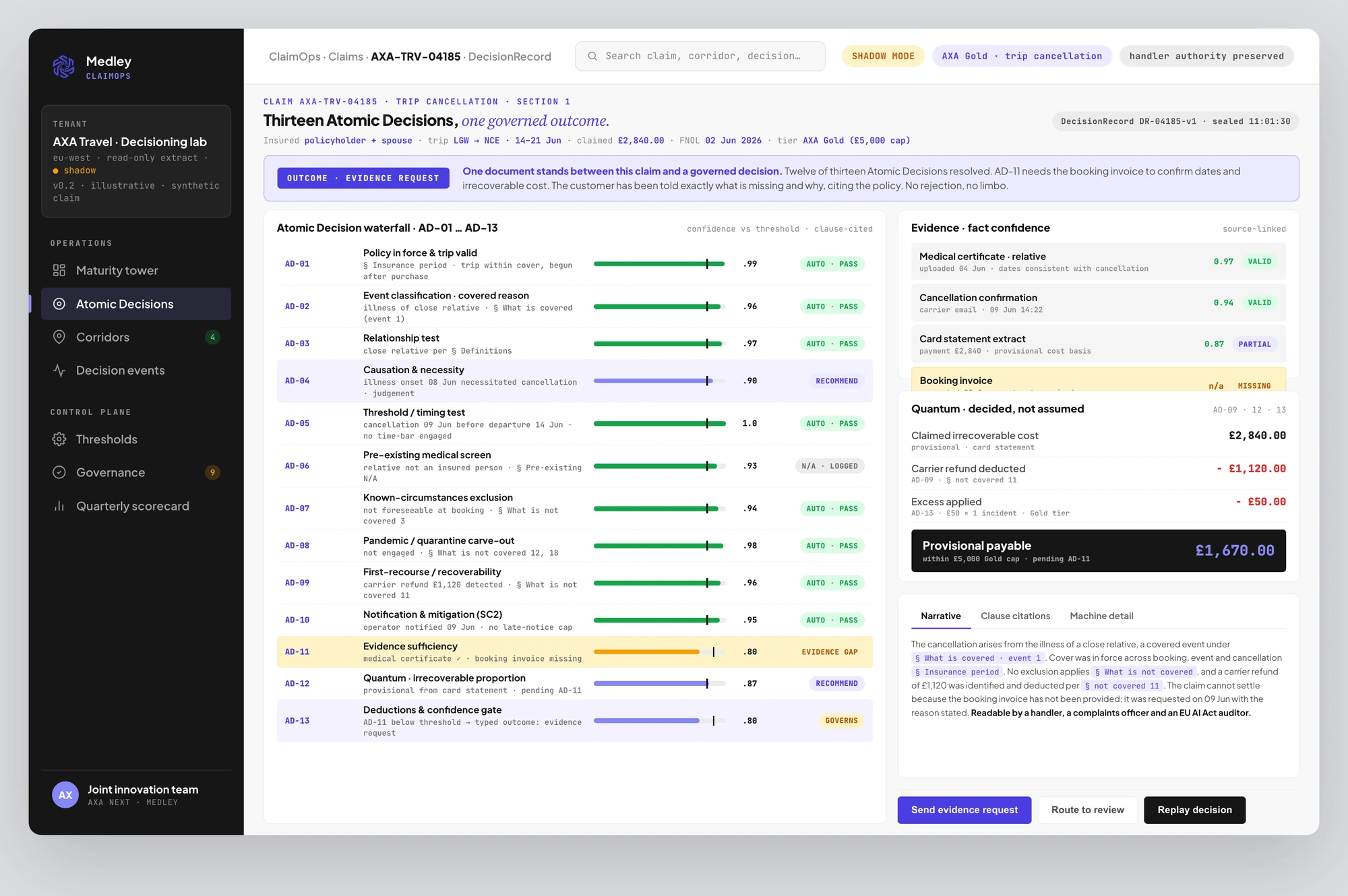 The same DecisionRecord view in a second deployment, showing a different carrier's decision set for a travel claim.